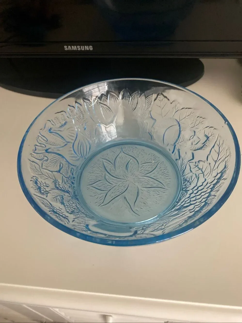 Blue Pressed Glass Serving Bowl Embossed Floral Pattern Decorative Dish vintage